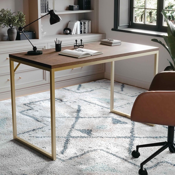 Martha Stewart 23.5 in. D X 47.25 in. W X Engineered Wood, Steel, Walnut Top/Polished Brass Frame XU-M-BLK-106-BR-GLD-MS - main